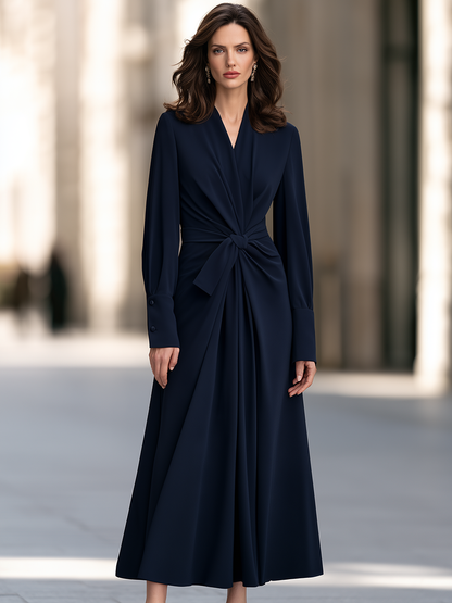 V-Neck Long Bishop Sleeve Knotted Wrap Front Pleated Fit And Flare Maxi Dress With Button Cuffs