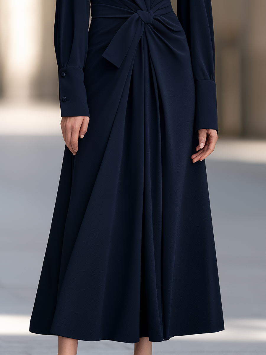 V-Neck Long Bishop Sleeve Knotted Wrap Front Pleated Fit And Flare Maxi Dress With Button Cuffs