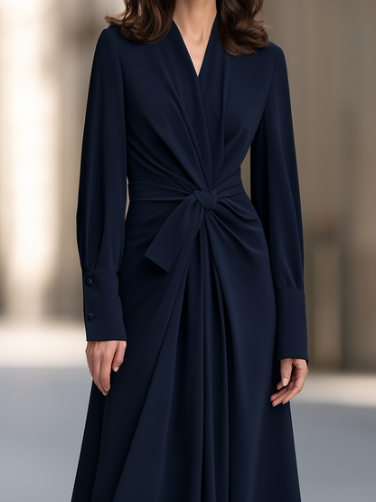 V-Neck Long Bishop Sleeve Knotted Wrap Front Pleated Fit And Flare Maxi Dress With Button Cuffs
