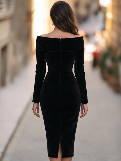Off Shoulder Fold-Over Collar Long Sleeve Velvet Bodycon Sheath Midi Dress