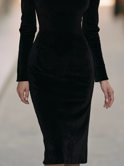 Off Shoulder Fold-Over Collar Long Sleeve Velvet Bodycon Sheath Midi Dress
