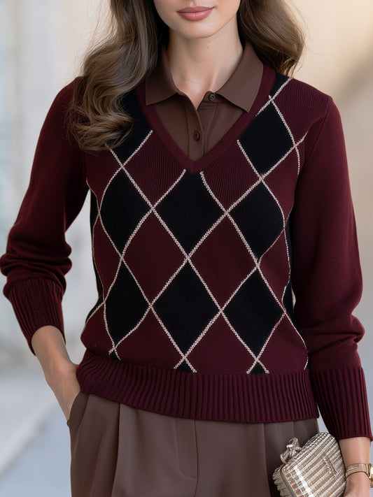Burgundy Argyle Knit Polo Shirt With Faux-Layered Shirt Collar