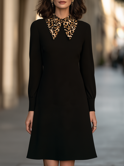 Oversized Leopard Print Pointed Collar Long Sleeve Fit And Flare A-Line Midi Dress