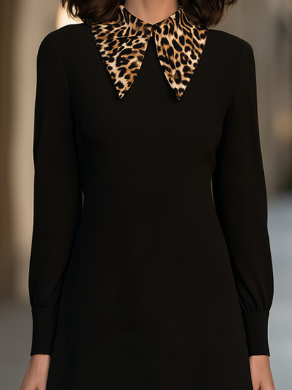Oversized Leopard Print Pointed Collar Long Sleeve Fit And Flare A-Line Midi Dress