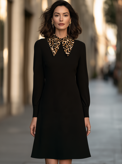 Oversized Leopard Print Pointed Collar Long Sleeve Fit And Flare A-Line Midi Dress