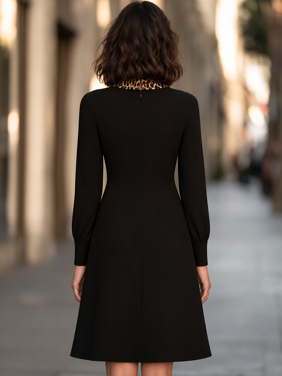 Oversized Leopard Print Pointed Collar Long Sleeve Fit And Flare A-Line Midi Dress