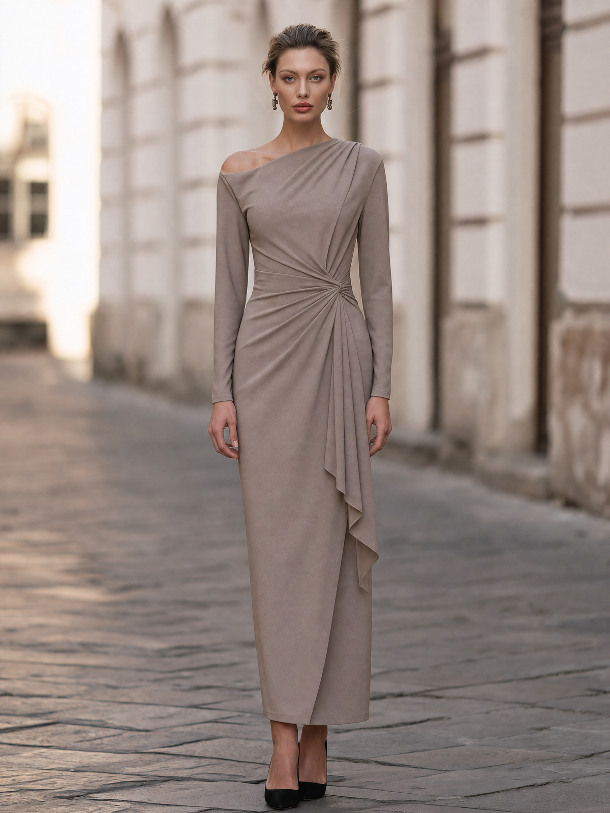 Asymmetric Ruched Draped Maxi Dress