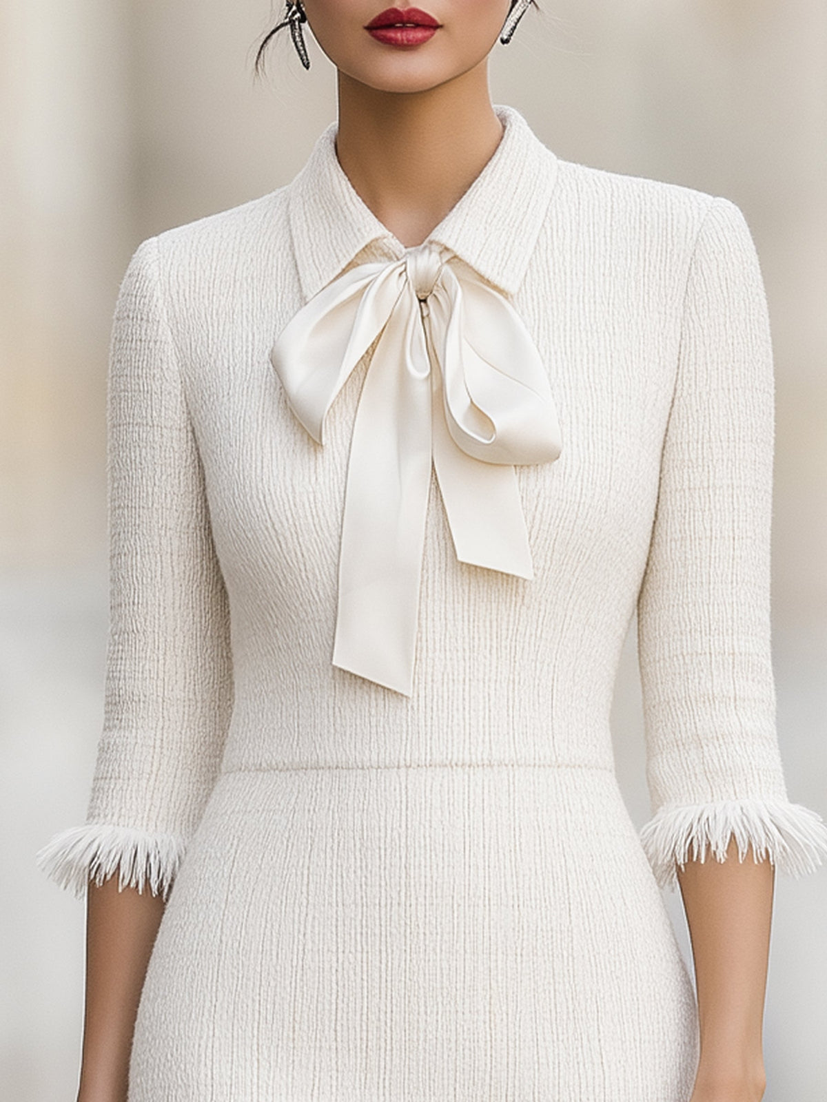 Bow Tie Collar Fringe Trim Midi Dress