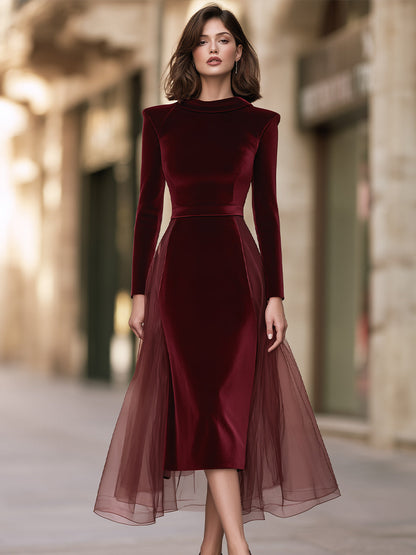 Elegant Velvet Long Sleeve Midi Evening Dress