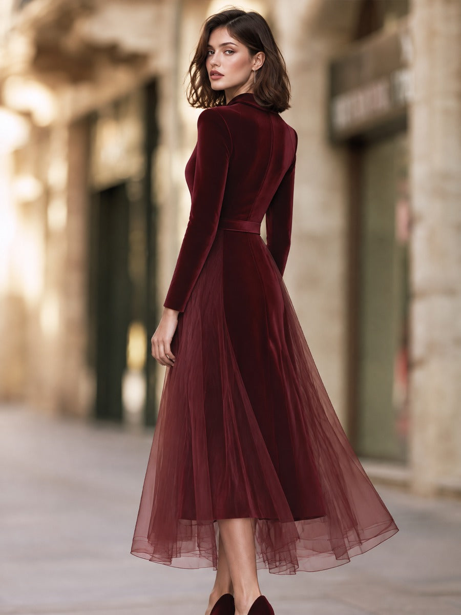 Elegant Velvet Long Sleeve Midi Evening Dress