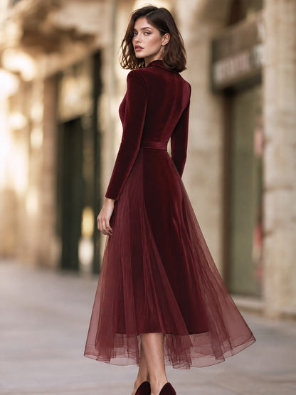 Elegant Velvet Long Sleeve Midi Evening Dress
