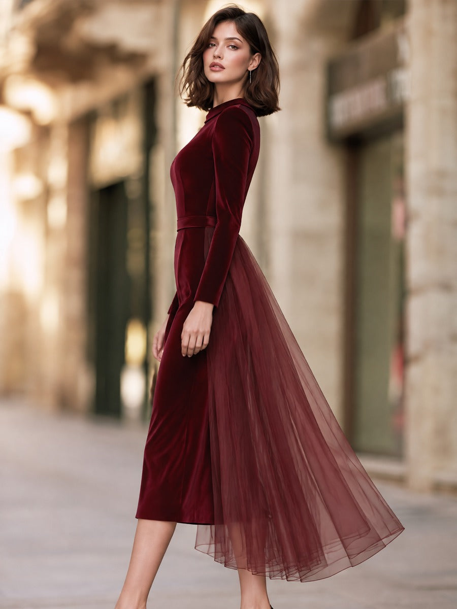 Elegant Velvet Long Sleeve Midi Evening Dress
