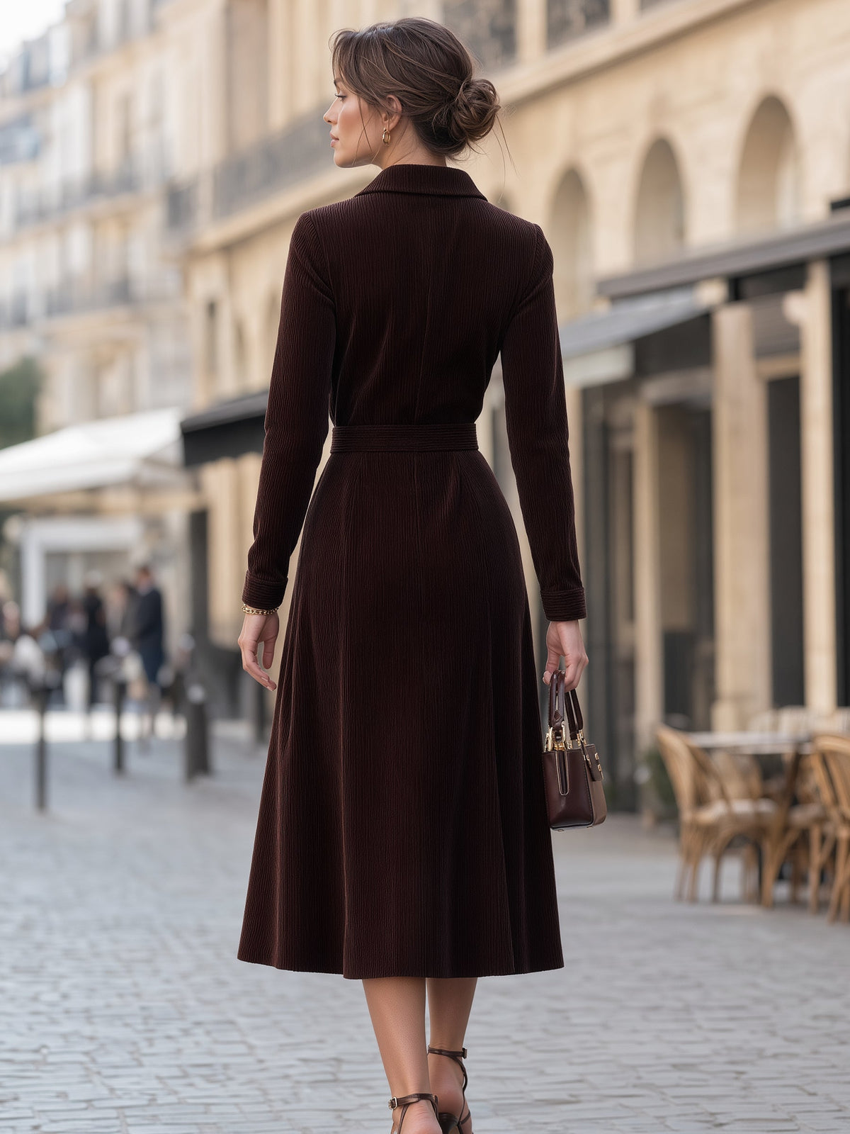 Zip-Front Corduroy Contrast Panel Midi Dress
