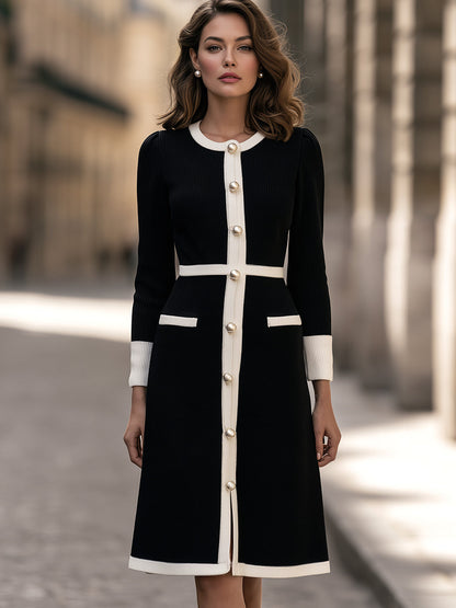 Chic Contrast Trim Knit Midi Dress with Pearl Buttons