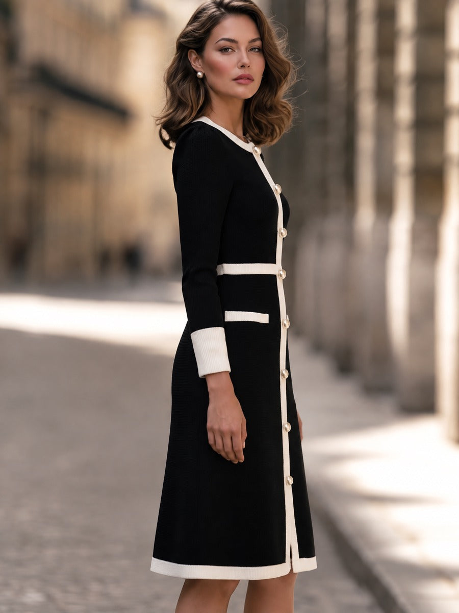 Chic Contrast Trim Knit Midi Dress with Pearl Buttons