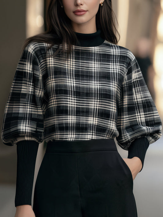 Plaid Mock Neck Lantern Sleeve Knit Sweater
