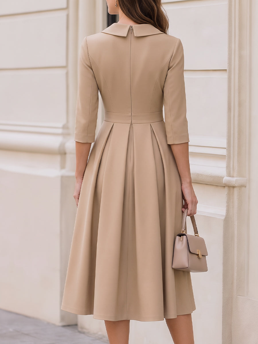 Notched Collar V-Neck 3/4 Sleeve Pleated A-Line Midi Dress