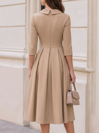 Notched Collar V-Neck 3/4 Sleeve Pleated A-Line Midi Dress