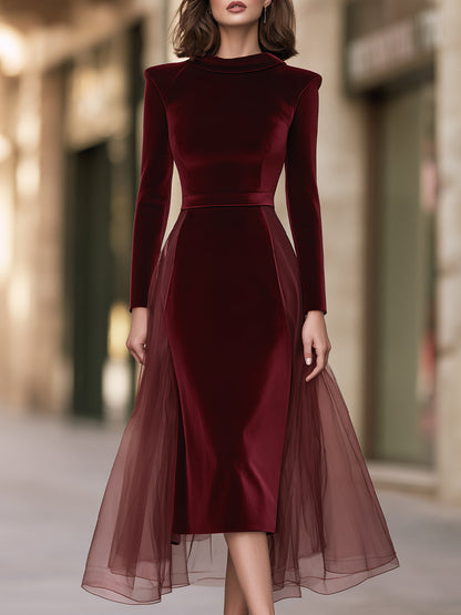Elegant Velvet Long Sleeve Midi Evening Dress