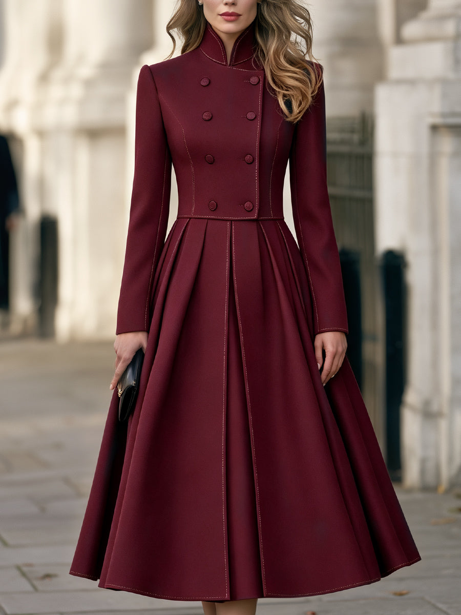 Double-Breasted Stand Collar Pleated A-Line Midi Dress