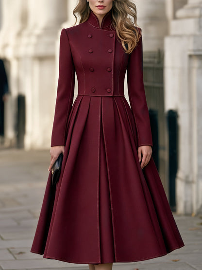 Double-Breasted Stand Collar Pleated A-Line Midi Dress
