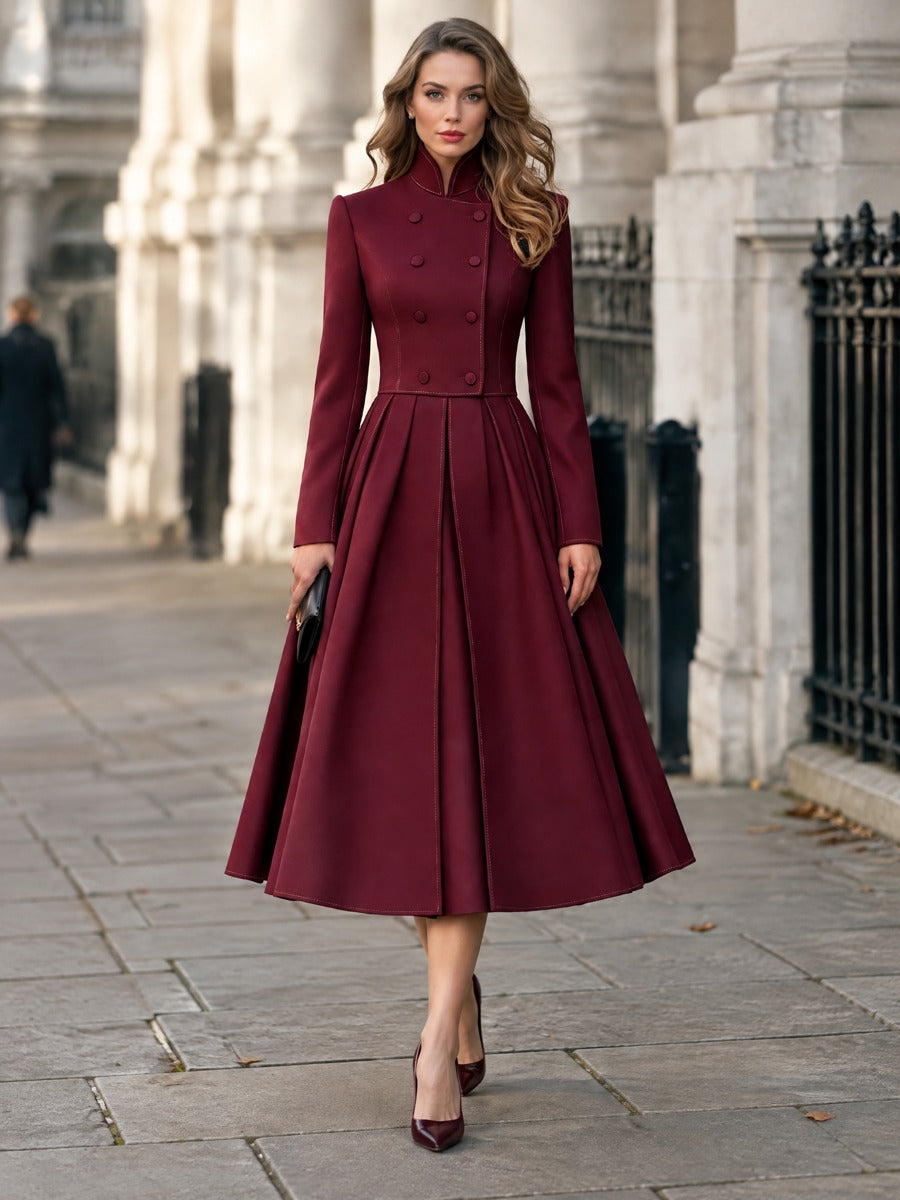 Double-Breasted Stand Collar Pleated A-Line Midi Dress