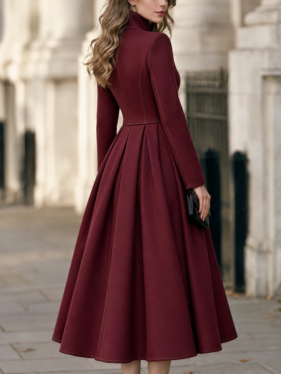 Double-Breasted Stand Collar Pleated A-Line Midi Dress