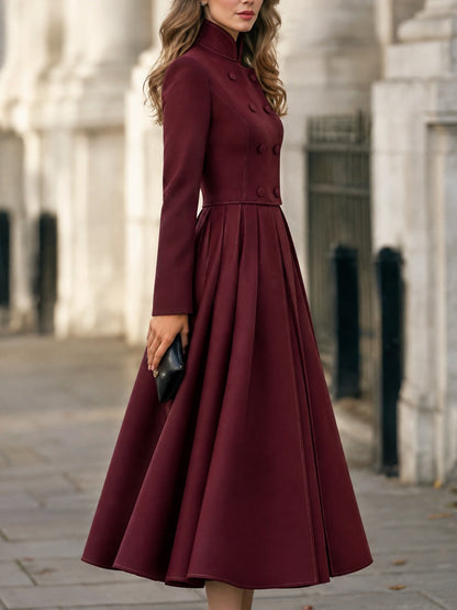 Double-Breasted Stand Collar Pleated A-Line Midi Dress