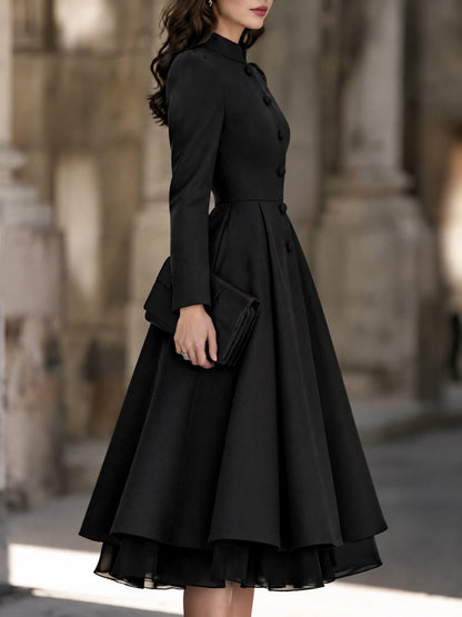 Organza Hem Stand Collar Fit And Flare Midi Dress