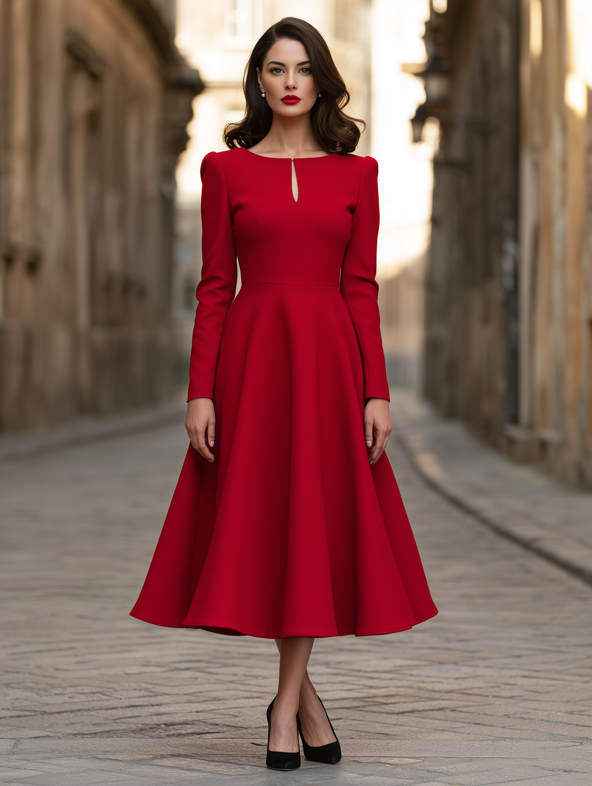 Keyhole-Neck Structured A-Line Midi Dress