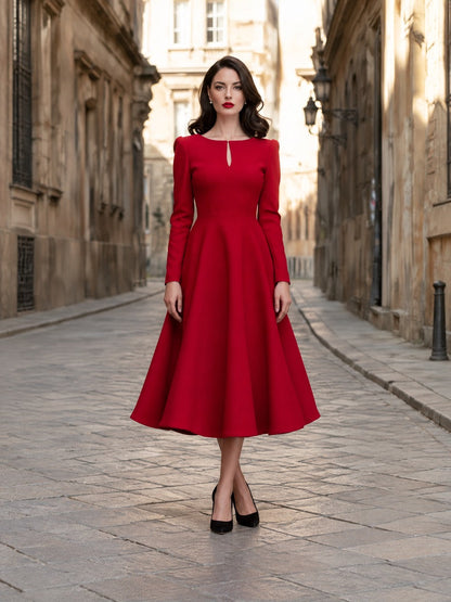 Keyhole-Neck Structured A-Line Midi Dress
