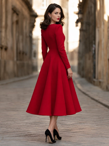 Keyhole-Neck Structured A-Line Midi Dress