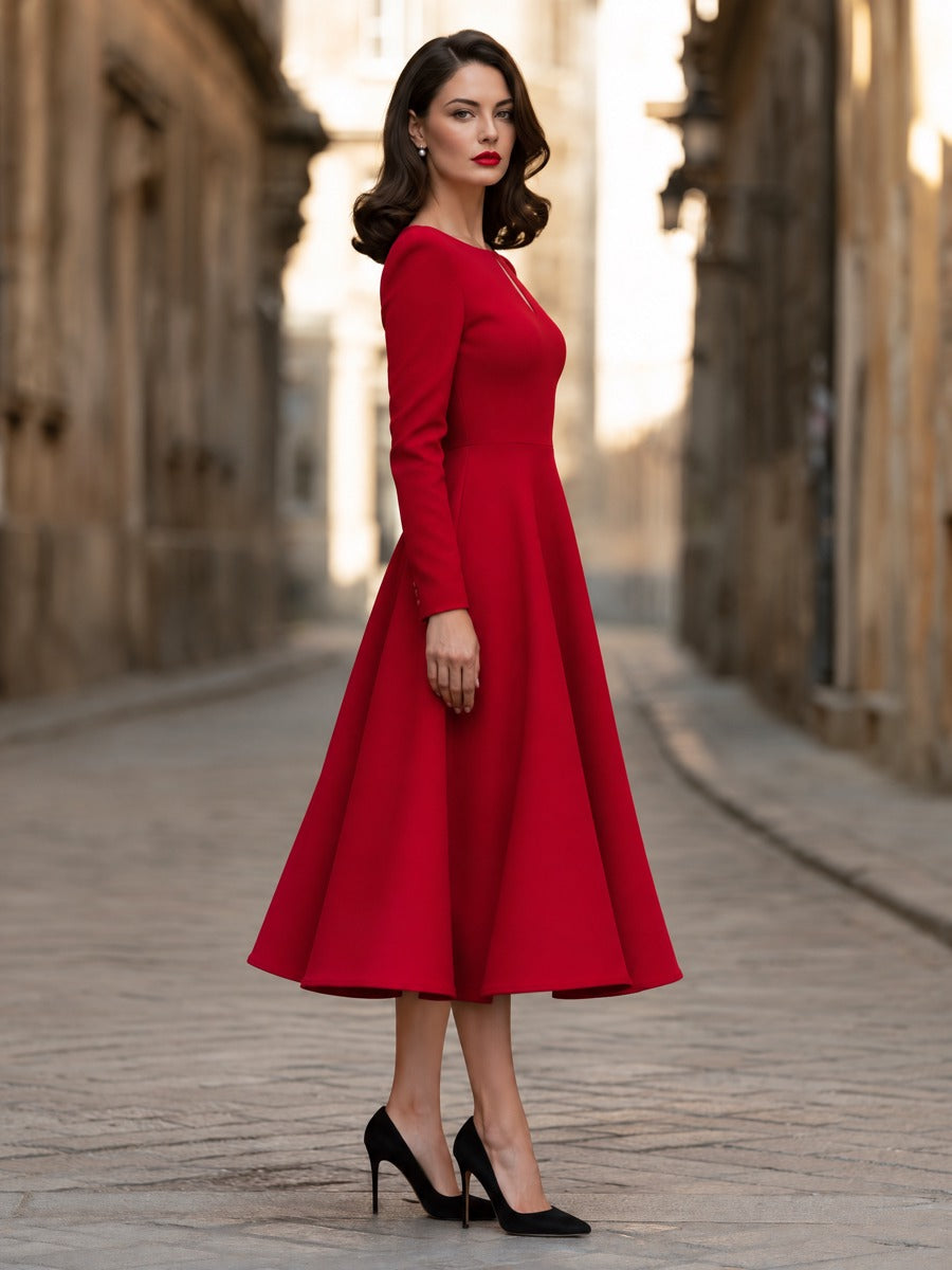 Keyhole-Neck Structured A-Line Midi Dress