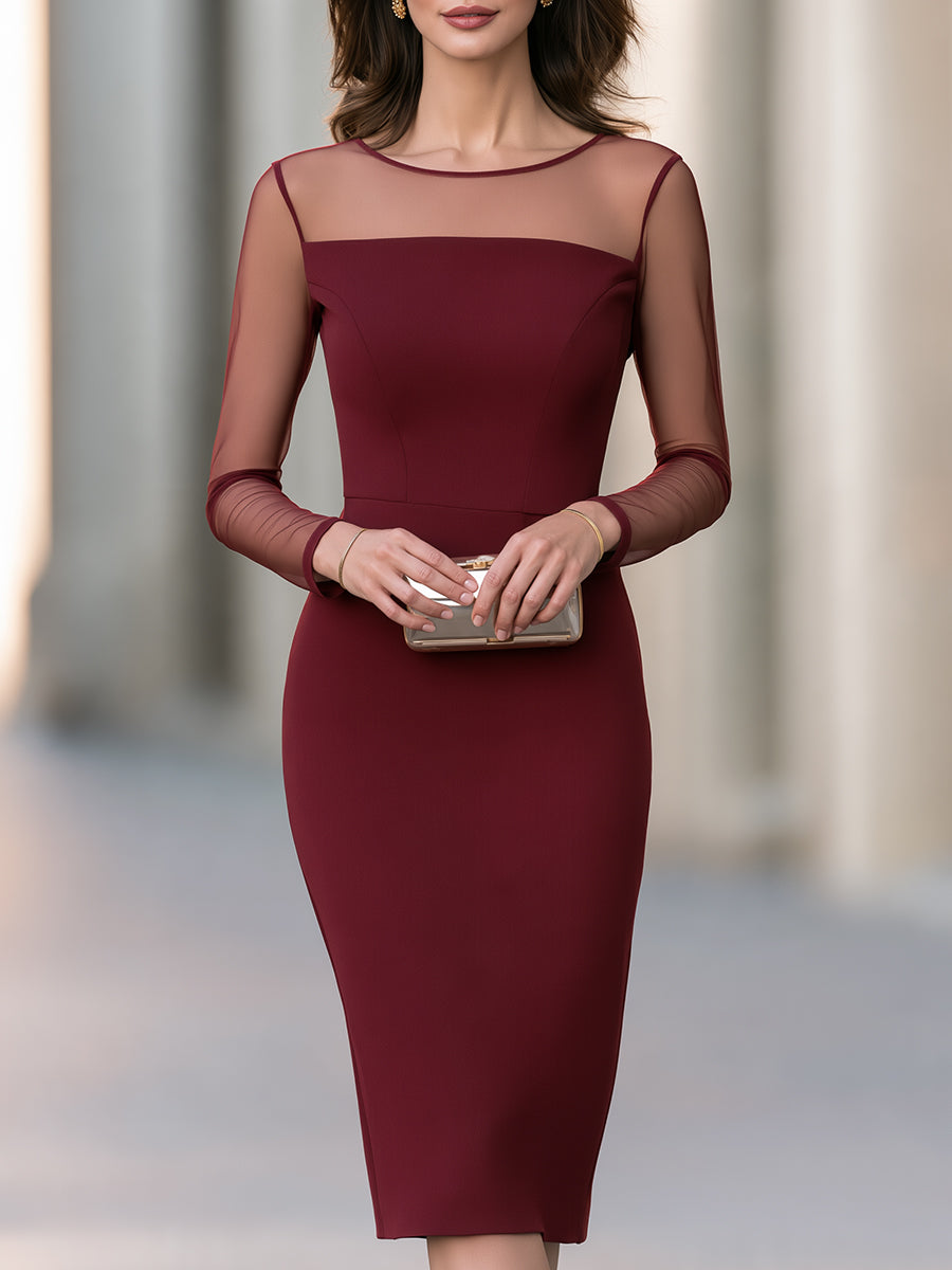 Elegant Mesh Sleeve Bodycon Midi Dress - Sheer Illusion Neckline Cocktail Dress