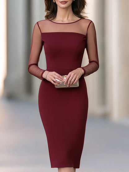 Elegant Mesh Sleeve Bodycon Midi Dress - Sheer Illusion Neckline Cocktail Dress