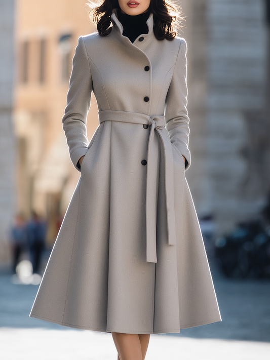 Light Grey Stand Collar Belted A-line Wool Midi Coat
