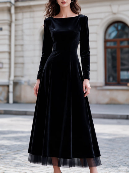 Elegant Long Sleeve Velvet Midi Dress with Mesh Hem