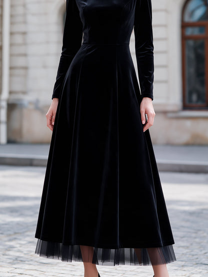 Elegant Long Sleeve Velvet Midi Dress with Mesh Hem