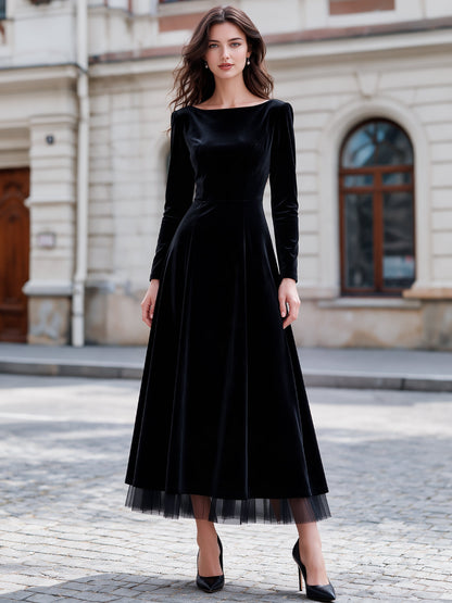 Elegant Long Sleeve Velvet Midi Dress with Mesh Hem