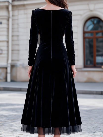 Elegant Long Sleeve Velvet Midi Dress with Mesh Hem