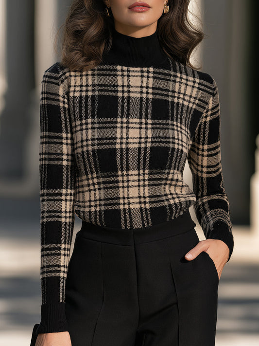 Plaid Turtleneck Long Sleeve Knit Sweater