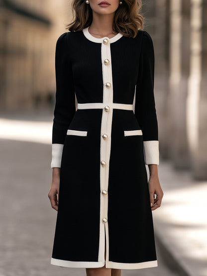 Chic Contrast Trim Knit Midi Dress with Pearl Buttons