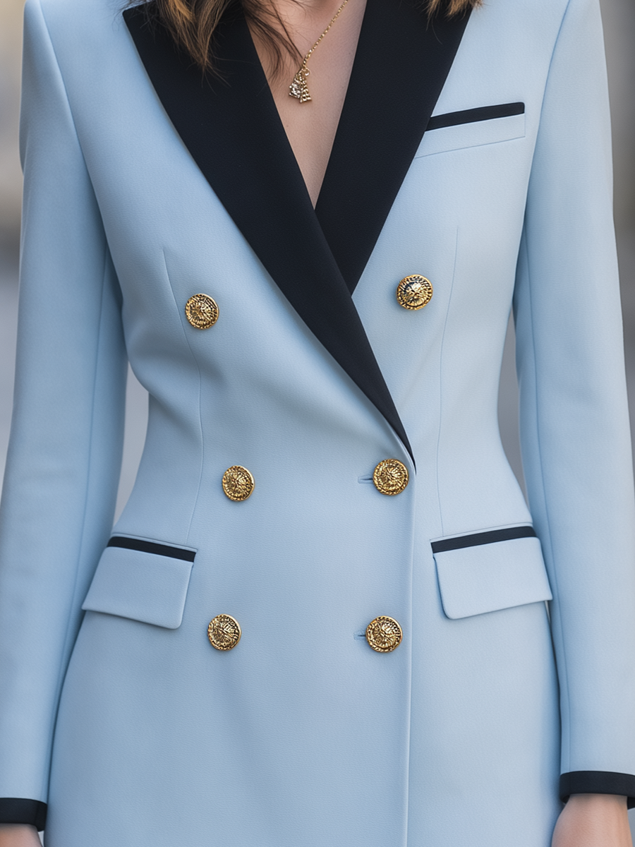 Light Blue Contrast Black Lapel Double Breasted Pant Suit Set