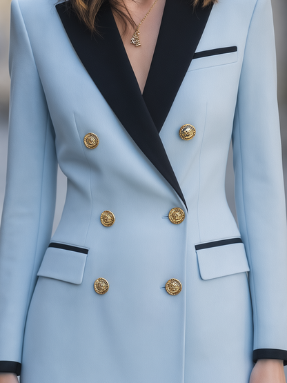 Light Blue Contrast Black Lapel Double Breasted Pant Suit Set