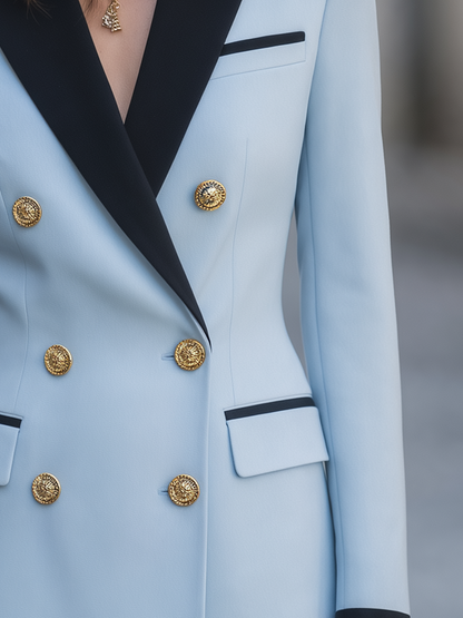 Light Blue Contrast Black Lapel Double Breasted Pant Suit Set