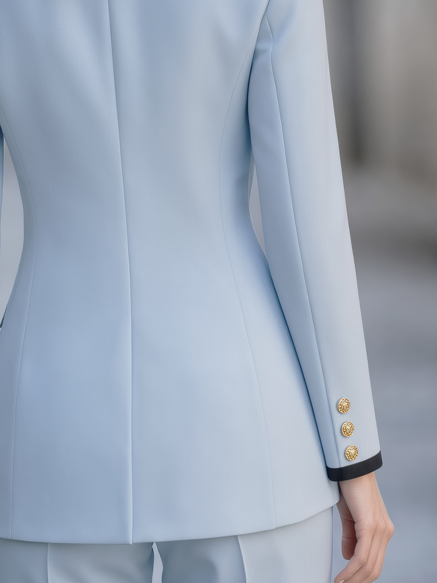Light Blue Contrast Black Lapel Double Breasted Pant Suit Set