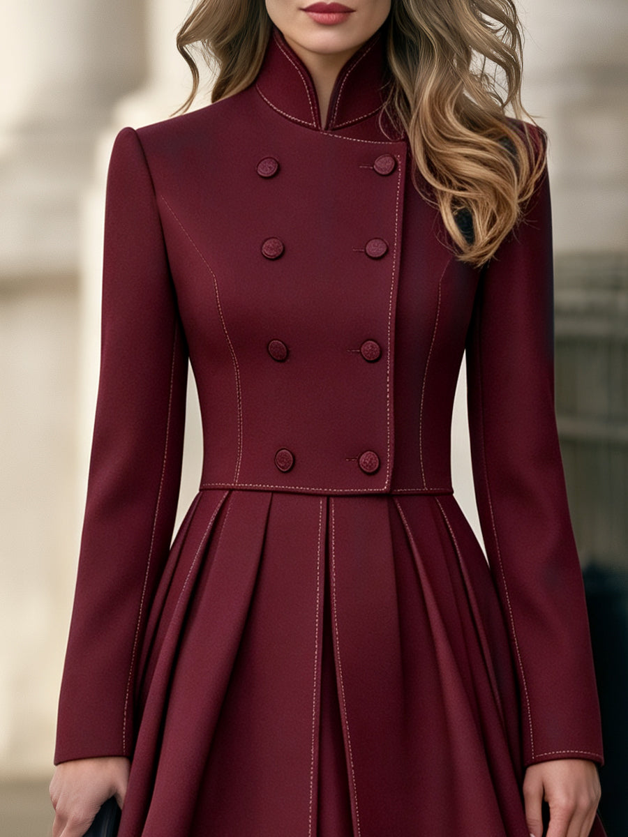 Double-Breasted Stand Collar Pleated A-Line Midi Dress
