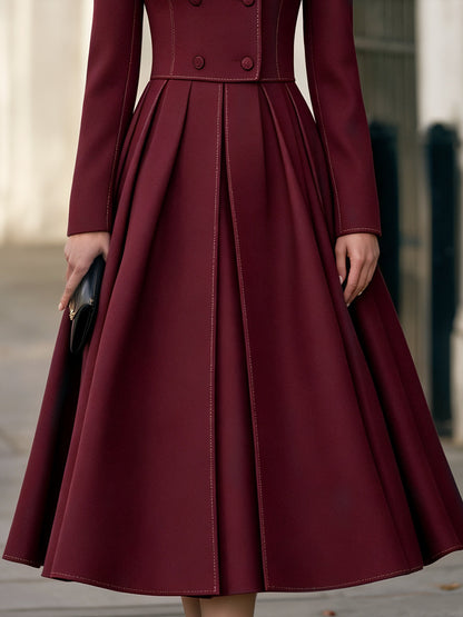 Double-Breasted Stand Collar Pleated A-Line Midi Dress