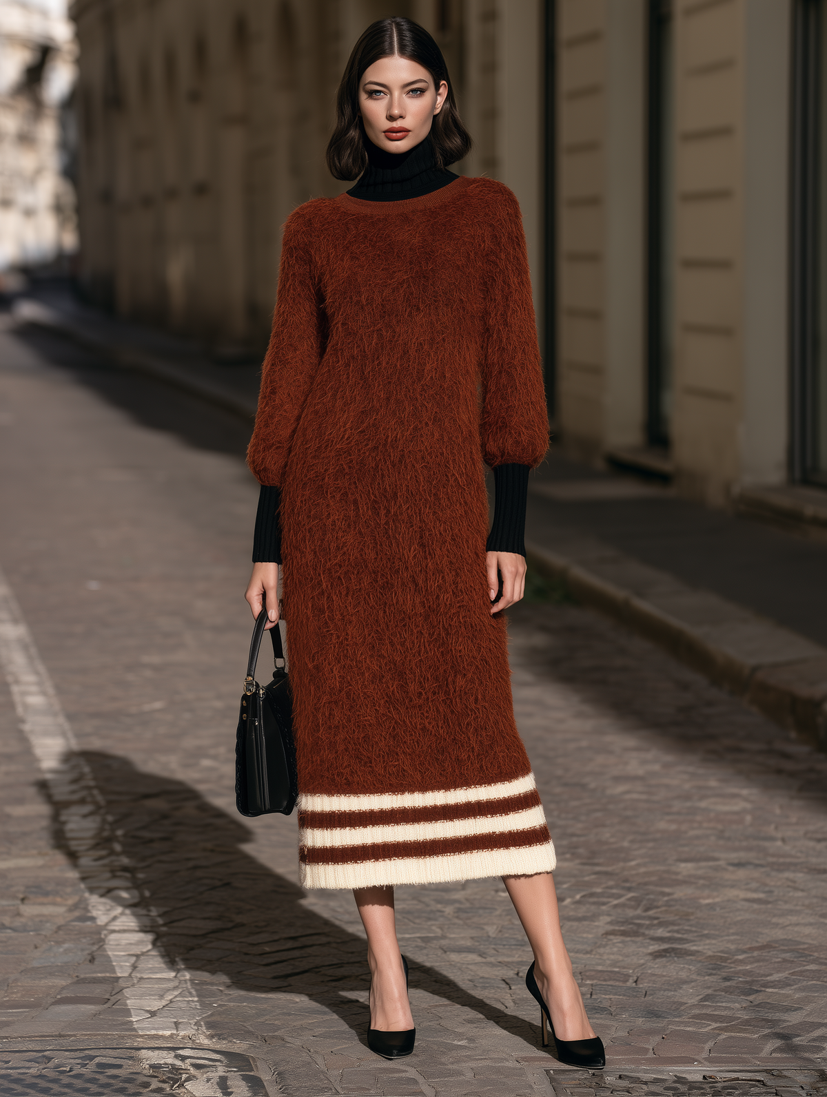 Fuzzy-Knit Layered-Look Midi Dress