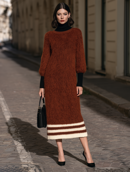 Fuzzy-Knit Layered-Look Midi Dress